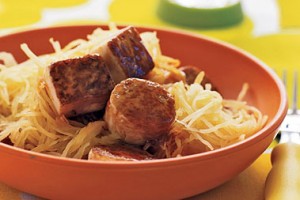 MAPLE GLAZED TOFU WITH SPAGHETTI SQUASH
