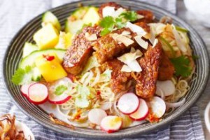 sticky tempeh mango lime noodle salad
